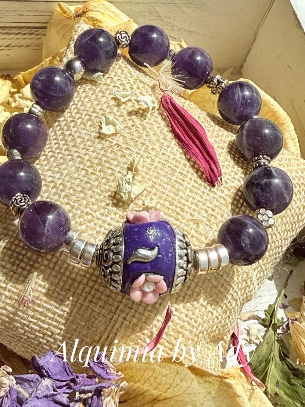 BRUTALIST + Deep Purple amethyst Floral Bead Stretch Bracelet